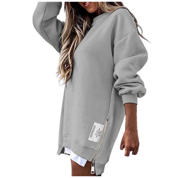 HNMKIU Women's Long Sleeve Zipper Slit Sweatshirt Dress Casual Pullover Zip Up Hoodie Women Style 01_Grey,L