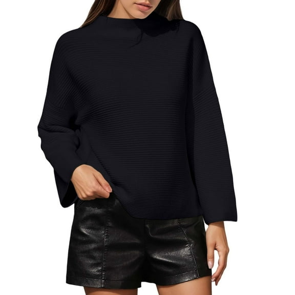 HNMKIU Women's Nine Tenth Sleeve Loose Fit Solid Color Long Sleeve Knit Pullover Sweater Casual Fall Outfits Blouse Black,L