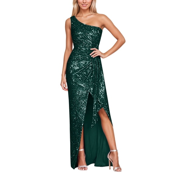 HNMKIU Women's Off Shoulder Sequin Sleeveless Slit Backless Long Sleeve Dress for Evening and Party in Oversize 01_Green，S