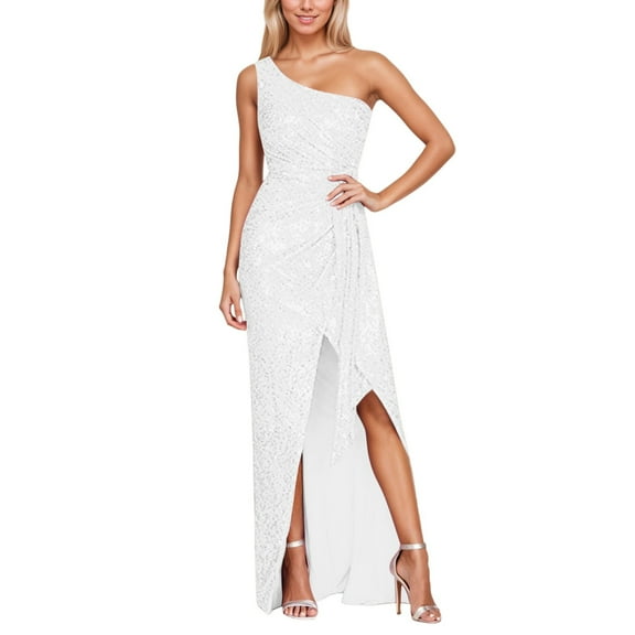 HNMKIU Women's Off Shoulder Sequin Sleeveless Slit Backless Long Sleeve Dress for Evening and Party in Oversize 01_Silver，S