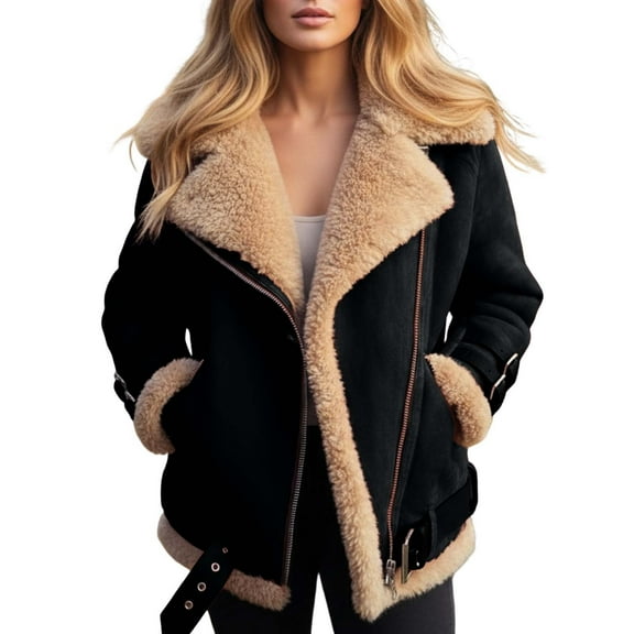 HNMKIU Women's Oversize Lined Jacket with Lamb Collar Warm Winter Coat Soft Outerwear Jackets for Women for Cold Weather Fashion Black,M