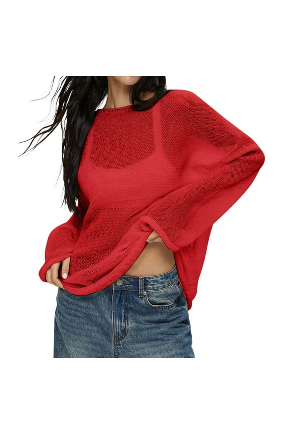 Women's Oversized Long Sleeve Sheer Mesh Knit Pullover Sweater Hollow Out Loose Top for Summer Dresses and Beach Red,S