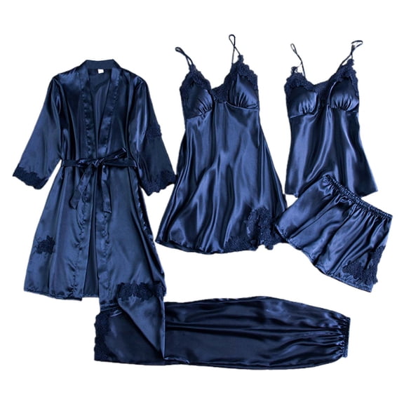 HNMKIU Women's Plus Size 5 Piece Ice Silk Nightgown and Hot Home Wear Set Plus Size Pajamas for Women Set for Summer Sleep 02_Navy,XXXXL