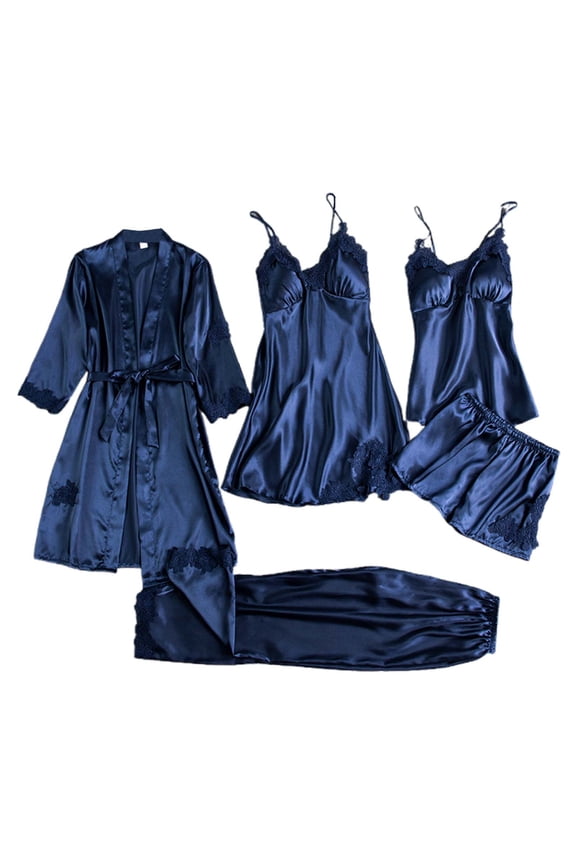 Women's Plus Size 5 Piece Ice Silk Nightgown and Hot Home Wear Set Plus Size Pajamas for Women Set for Summer Sleep 02_Navy,XXXXL