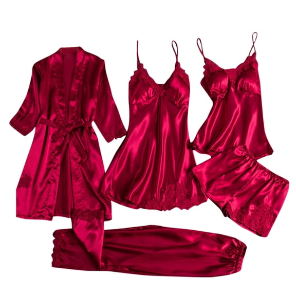 HNMKIU Women's Plus Size 5 Piece Ice Silk Nightgown and Hot Home Wear Set Plus Size Pajamas for Women Set for Summer Sleep 02_Red,XXXL