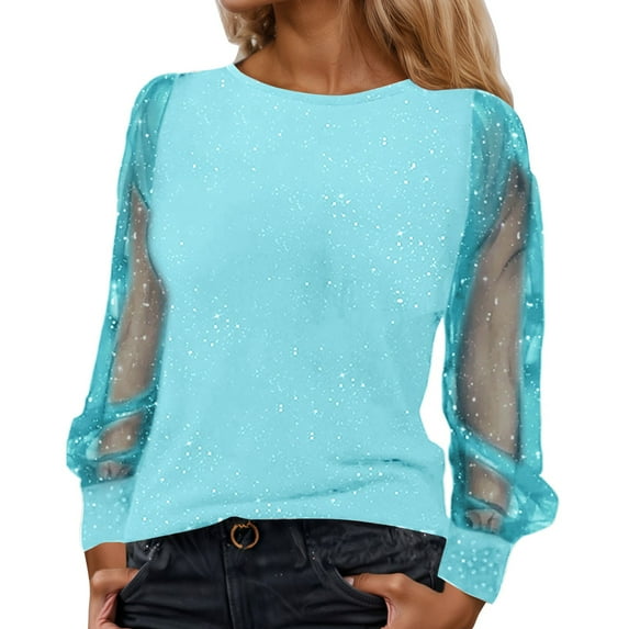 HNMKIU Women's Plus Size Carnival Shiny Long Sleeve Shirts for Women Sparkling Mesh Tops Elegant and Eye-Catching Blouses Z06_Blue,XXXXXL
