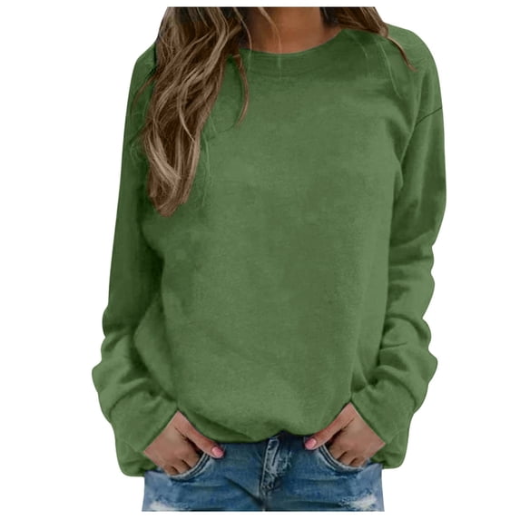 HNMKIU Women's Plus Size Casual Solid Color Print Round Neck Long Sleeve Thin Twill Pullover Graphic Sweatshirts for Women Streetwear Top 02_Army Green,L