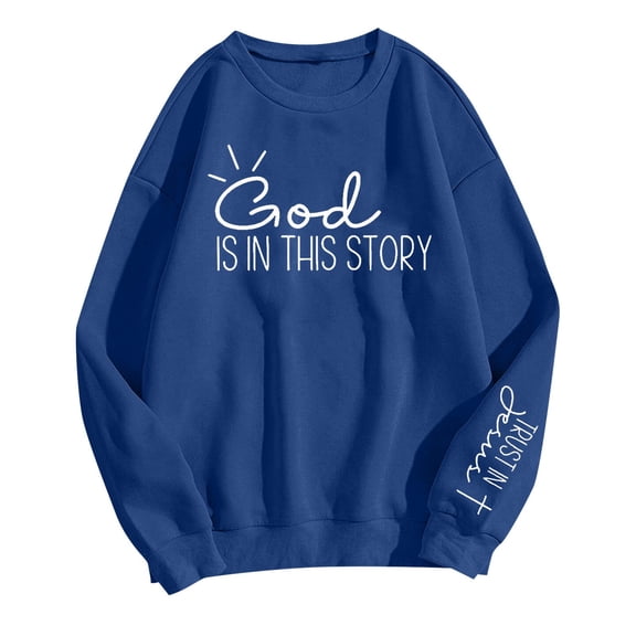 HNMKIU Women's Plus Size Letter Print Casual Long Sleeve Pullover Round Neck Womens Hoodies 08_Blue,L