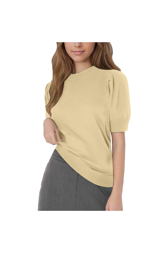 Women's Puffy Short Sleeve Round Neck Pullover Sweater Top for Spring and Summer Casual Womens Cardigan Sweaters Style Yellow,S