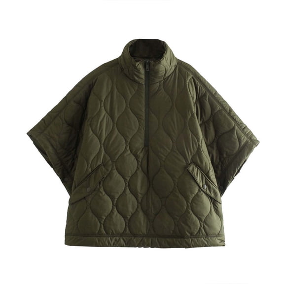 HNMKIU Women's Quilted Cape Jacket with Loose Cape Overlay for Casual Elegant Outerwear Army Green,L