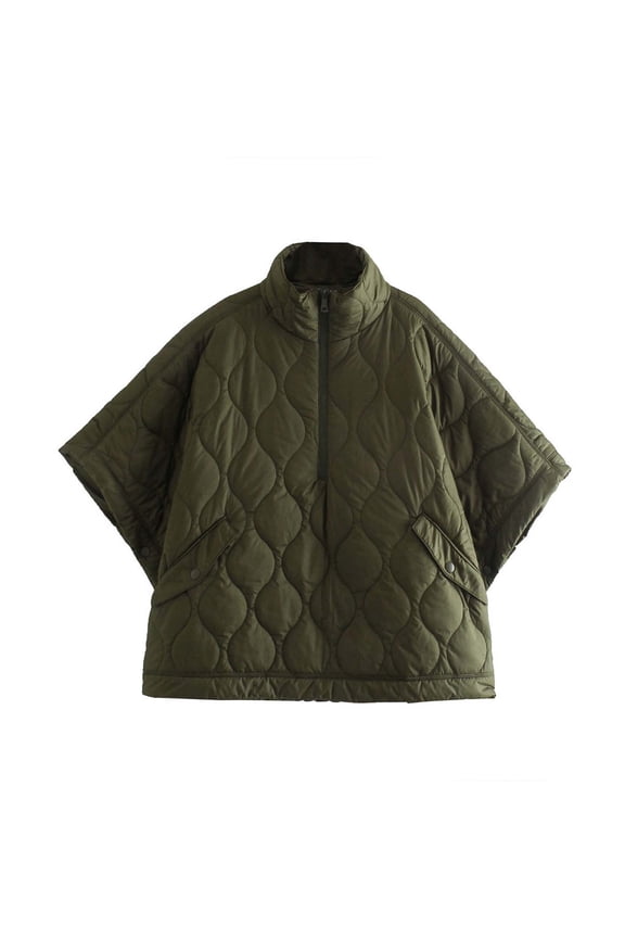 Women's Quilted Cape Jacket with Loose Cape Overlay for Casual Elegant Outerwear Army Green,L