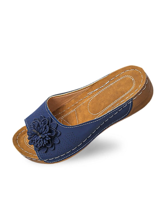 Women's Sandals Stylish Open Toe Platform Slides with Floral Design Comfortable Casual Footwear for Everyday Wear Lightweight Beach Shoes Navy,9.5