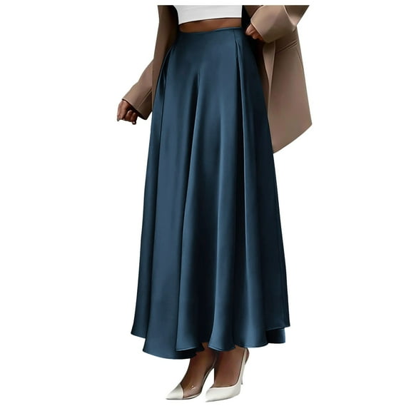 HNMKIU Women's Satin High Waist Long Skirts for Women 2024 Summer Fall Elegant Party Flowy A-Line Maxi Skirt for Women Z6-Blue,M
