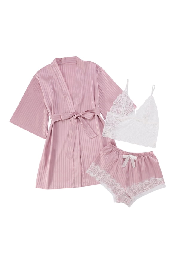 Women's Satin Pajama Set Floral Lace Trim Sleepwear Nightwear With Matching Robe Light Pink,S