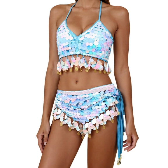 HNMKIU Women's Sequin Belly Dance Club Outfit with Fringe Tassel Wrap Mini Skirt and Vest Set 04_Blue,One Size