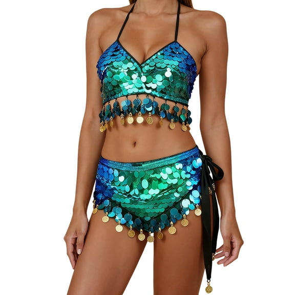 HNMKIU Women's Sequin Belly Dance Club Outfit with Fringe Tassel Wrap Mini Skirt and Vest Set 04_Green,One Size
