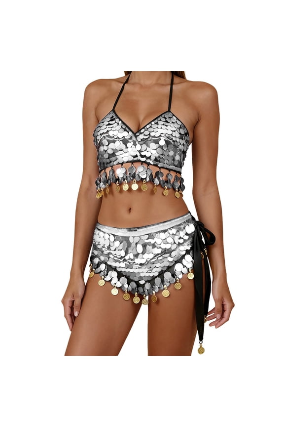 Women's Sequin Belly Dance Club Outfit with Fringe Tassel Wrap Mini Skirt and Vest Set 04_White,One Size