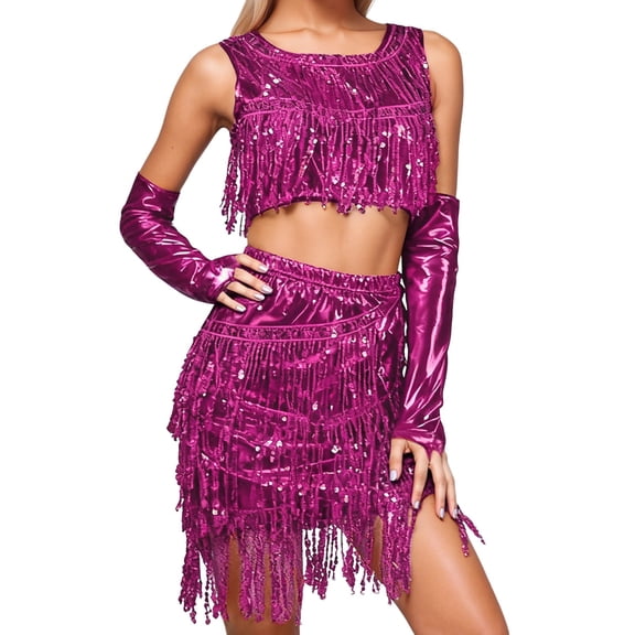 HNMKIU Women's Sequin Belly Dance Set Latin Carnival Skirts with Fringe Tassel Wrap Performance Outfit Hot Pink,One Size