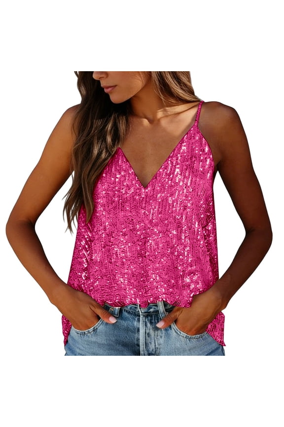 Women's Sequin Camisole Sleeveless Top Solid Color V Neck Shiny Glitter for Party Club Evening Wear Womens Tank Tops Hot Pink,L