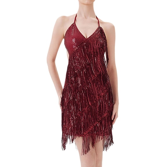 HNMKIU Women's Sequin Fringe Latin Dance Party Dresses for Women Performance Gown for Carnival Wine，XL