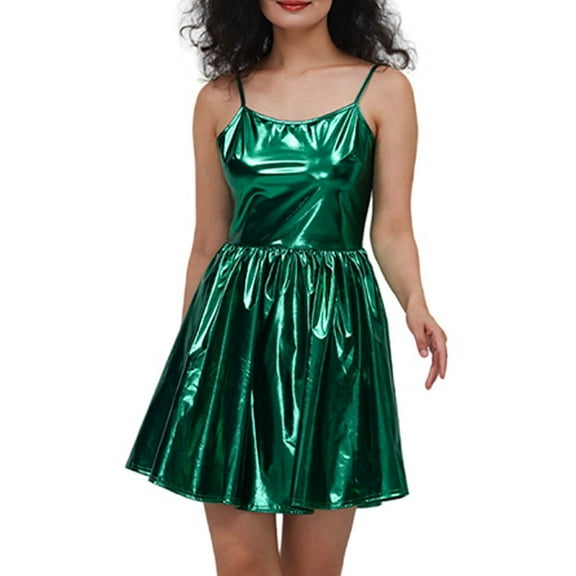 HNMKIU Women's Sequin Hot Gold Solid Color Pleated Performance Long Dress for Stage 02_Green，M