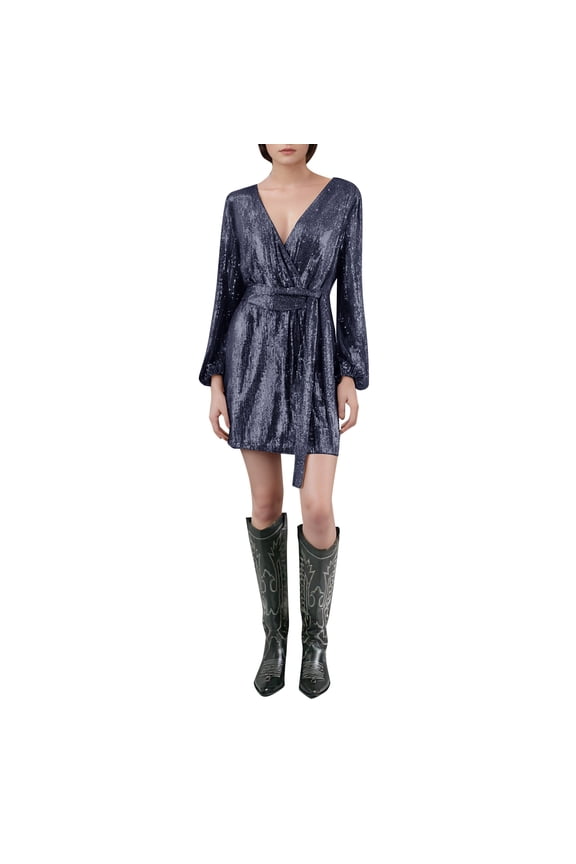 Women's Sequin V Neck Long Sleeve Dress with Puff Sleeves Mini Wrap Dress Shimmering Party Outfit in Plus Size Blue,XXXL
