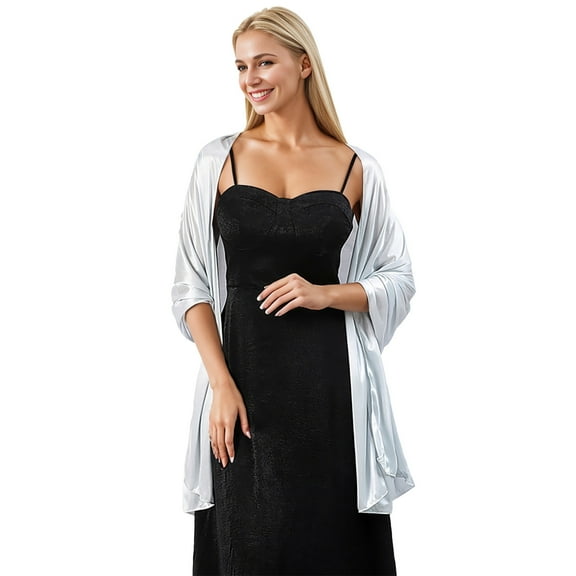 HNMKIU Women's Silk Shawl for Elegant Evening Wear – Graceful Satin Wrap for Party Dress Accessories Silver,One Size