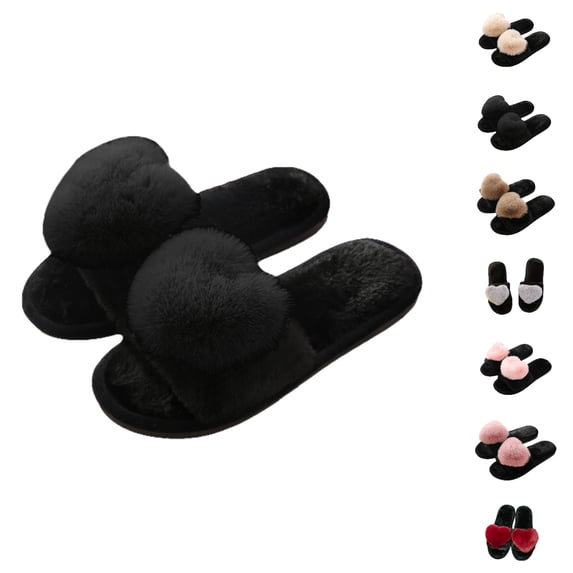 HNMKIU Women's Soft Cute Slippers with Heart Pattern Fuzzy Cozy Home Footwear Sole for Daily Relaxation Indoors 03_Black,7.5-8