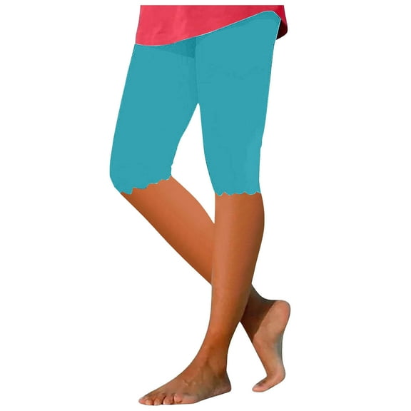 HNMKIU Women's Solid Color Capri Leggings Knee Length Casual Comfortable Pants for Everyday Wear Sky Blue，L