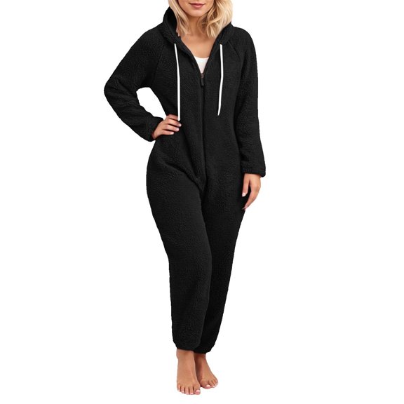 HNMKIU Women's Solid Color Casual Comfort Hooded Drawstring Long Sleeve Warm Women's Jumpsuits with Cat Ears Design for Daily Lounging and Street Fashion in Soft Fabric 01_Black,L