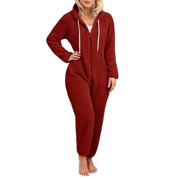 HNMKIU Women's Solid Color Casual Comfort Hooded Drawstring Long Sleeve Warm Women's Jumpsuits with Cat Ears Design for Daily Lounging and Street Fashion in Soft Fabric 01_Red,S