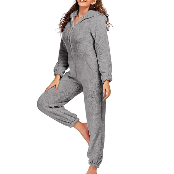 HNMKIU Women's Solid Color Casual Comfort Hooded Long Sleeve Warm Women's Jumpsuits with a Soft and Cozy Design for Relaxed Wear and Daily Activities 02_Grey,L