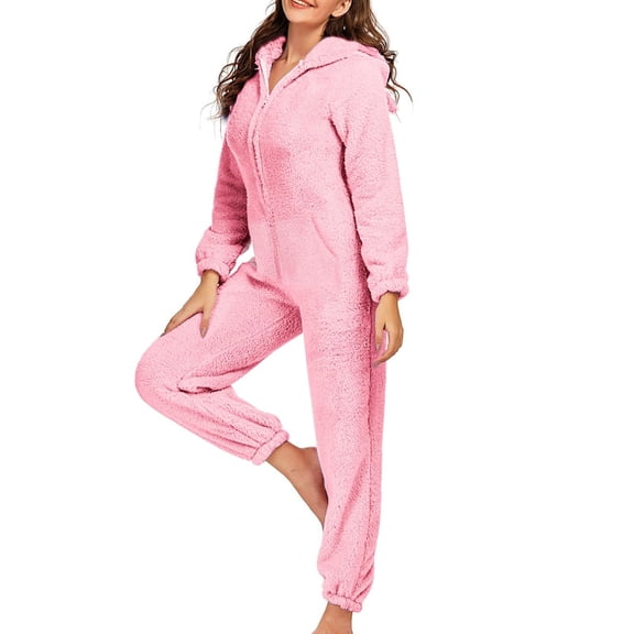 HNMKIU Women's Solid Color Casual Comfort Hooded Long Sleeve Warm Women's Jumpsuits with a Soft and Cozy Design for Relaxed Wear and Daily Activities 02_Pink,XL