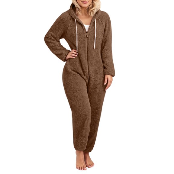 HNMKIU Women's Solid Color Casual Comfort Hooded Long Sleeve Warm Womens Jumpsuit with a Cozy and Relaxed Fit Ideal for Everyday Wear and Lounging Activities 02_Coffee,L