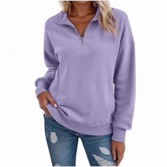 HNMKIU Women's Solid Color Hoodless V Neck Long Sleeve Zippered Pocket Crewneck Sweatshirt 05_Purple,M