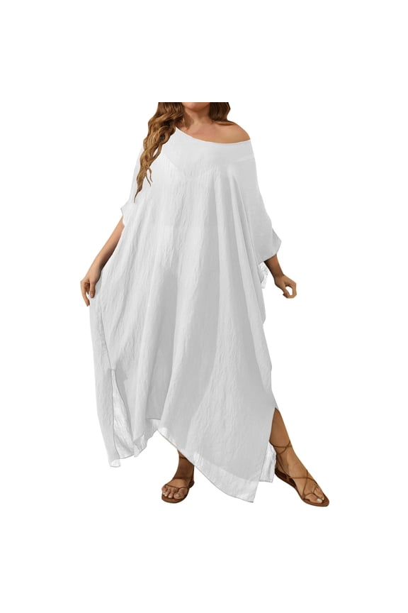 Women's Solid Color Loose Maxi Dress Beach Cover Up with Split Hem Long Skirt Swimsuit Cover Up 01_White,One Size