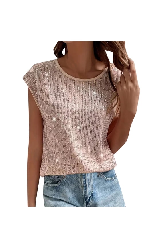 Women's Solid Color Sequin Round Neck Tops for Women Sleeveless Casual Party Wear Blouses for Women Sparkly Fashion Top Red,S
