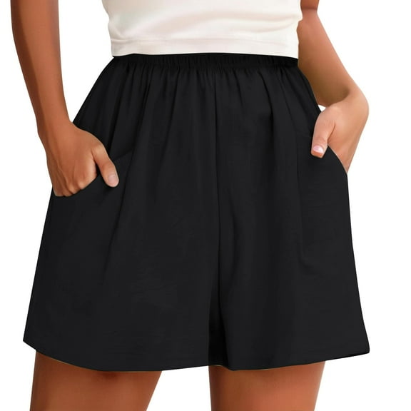 HNMKIU Women's Solid Color Summer Casual Shorts with Pockets Loose Wide Leg for Home Beach and Sports Black,XL