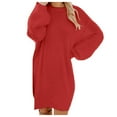thumbnail image 1 of HNMKIU Women's Solid Color Sweater Dresses Long Sleeve Warm Knit Turtleneck Mini Dress with Pocket for Winter Casual Outfits Z01_Red,L, 1 of 6