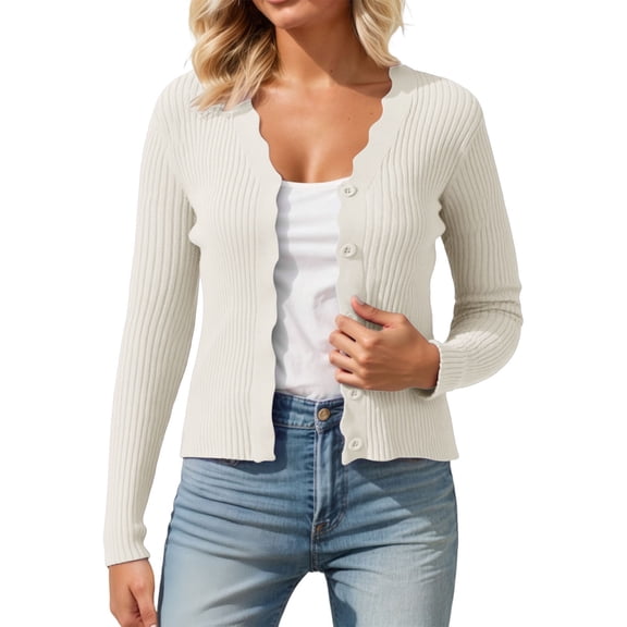 HNMKIU Women's Solid Color V-Neck Cropped Cardigan with Ruffled Hem and Button Detail Knit Fashion Sweaters for Women Versatile Layering Top for Everyday Wear Z03_Beige,One Size