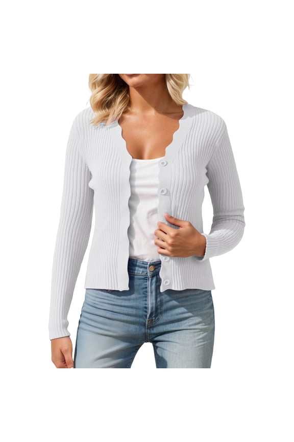 Womens Cardigan 2025 Fashion V-Neck Slim Fit Basic Long Sleeve Knit Sweater Button Up Stretchy Top for Layering Z10012-White,One Size