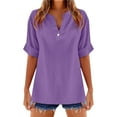 thumbnail image 1 of HNMKIU Women's Solid Color V Neck Linen Blend Short Sleeve Top Stylish Comfortable Casual Shirts for Women Summer Purple,XXL, 1 of 4