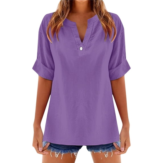 HNMKIU Women's Solid Color V Neck Linen Blend Short Sleeve Top Stylish Comfortable Casual Shirts for Women Summer Purple,XXL