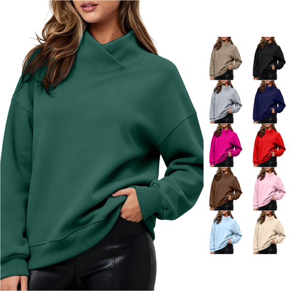 HNMKIU Women's Solid Cross Wrap Neck Sweatshirt Long Sleeve Oversized Relaxed Pullover Basic Casual Loungewear Tops for Fall Winter Daily Wear Dark Green,L
