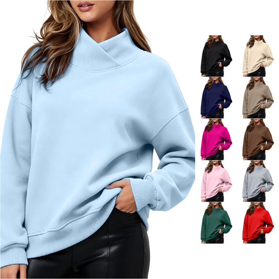 HNMKIU Women's Solid Cross Wrap Neck Sweatshirt Long Sleeve Oversized Relaxed Pullover Basic Casual Loungewear Tops for Fall Winter Daily Wear Sky Blue,XXL