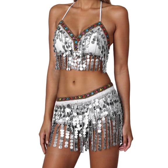 HNMKIU Women's Sparkly Carnival Skirts Set Sequin Belly Dance with Tassel Wrap Mini Skirt and Vest 03_Silver,One Size