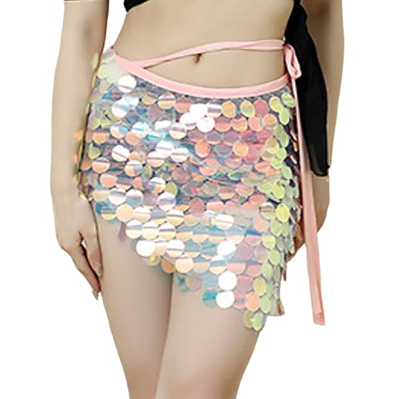 HNMKIU Women's Sparkly Sequin Mini Skirt with Adjustable Lace-Up Waist for Party Nights Pink,S