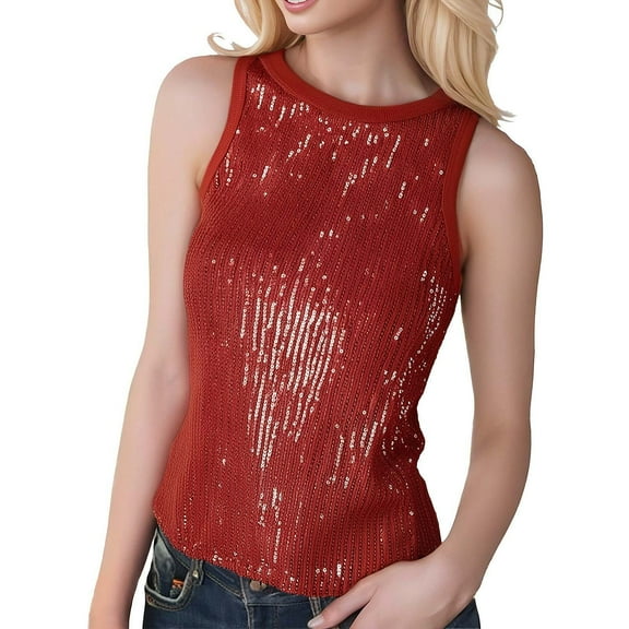 HNMKIU Women's Sparkly Sequin Sleeveless Tank Top Camisole Round Neck Rave Vest Party Shirt Clubwear for Stylish Women,Size L