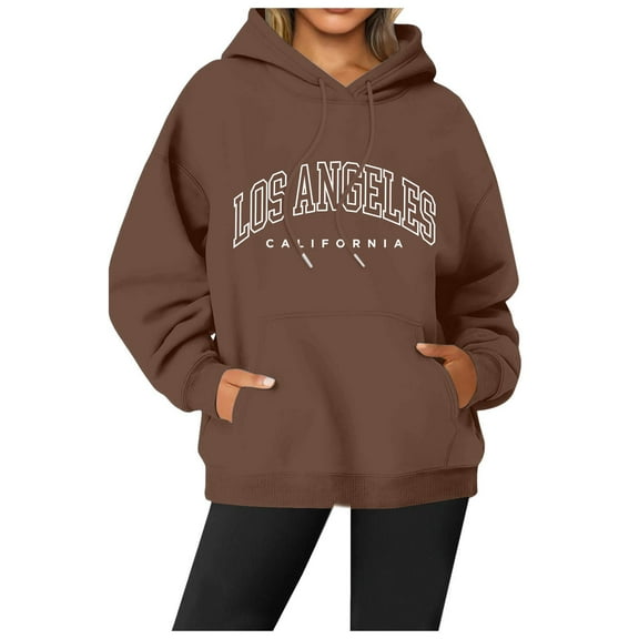 HNMKIU Women's Style Letter Print Round Neck Long Sleeve Pullover Hoodies for Women 02_Brown,XL