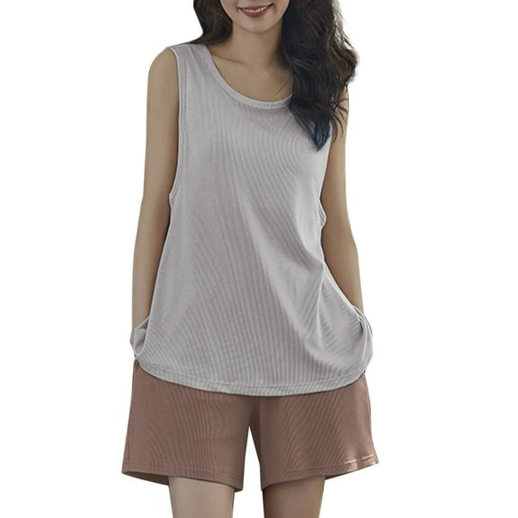 HNMKIU Women's Summer Ice Silk Ribbed Pajama Set with Padded Vest Comfortable Sleepwear Grey,M
